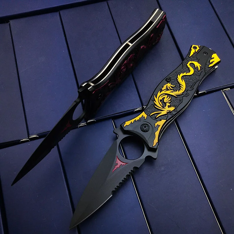 Тактический складной нож, нож для выживания на открытом воздухе, тренировочный нож высокого качества, лазерный спасательный нож с драконом, лучшая твердость с отверстием для практики, EDC