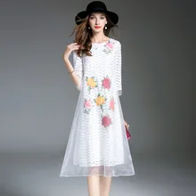 Kakagogo Prairie Chic Three Quarter Sleeve Flower Floral Embroidery Autumn Dresses Loose Waist Plus Size K080