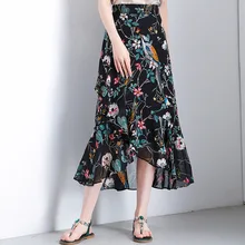 Лето корейский стиль женщины плюс размер с необычным цветочным принтом Высокая талия шифон элегантная длинная юбка Офисная Леди оборки юбка