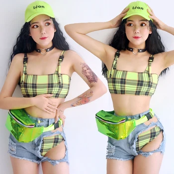 

Jazz Dance Costumes Green Plaid Suit Jeans Nightclub Singer Dj Women Pole Dancing Clothes Hip Hop Stage Performance Wear DN3818