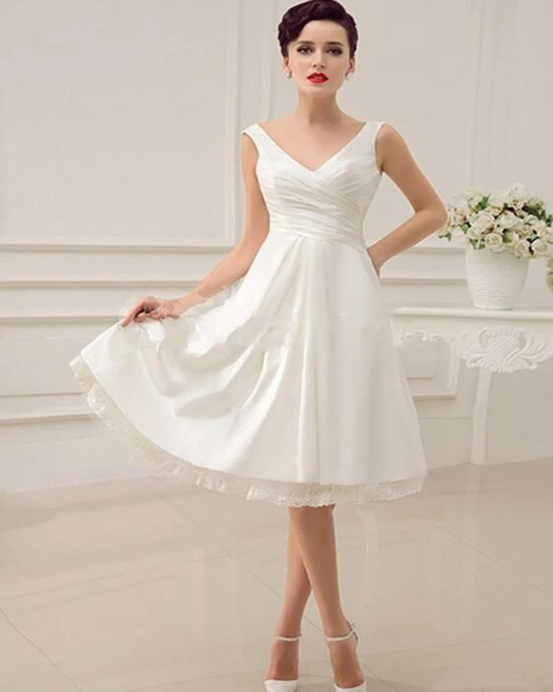 New Arrival Knee Length A-Line Wedding Dress Lace up V Neck Bridal Gowns Custom Made Cheap Wedding Gowns