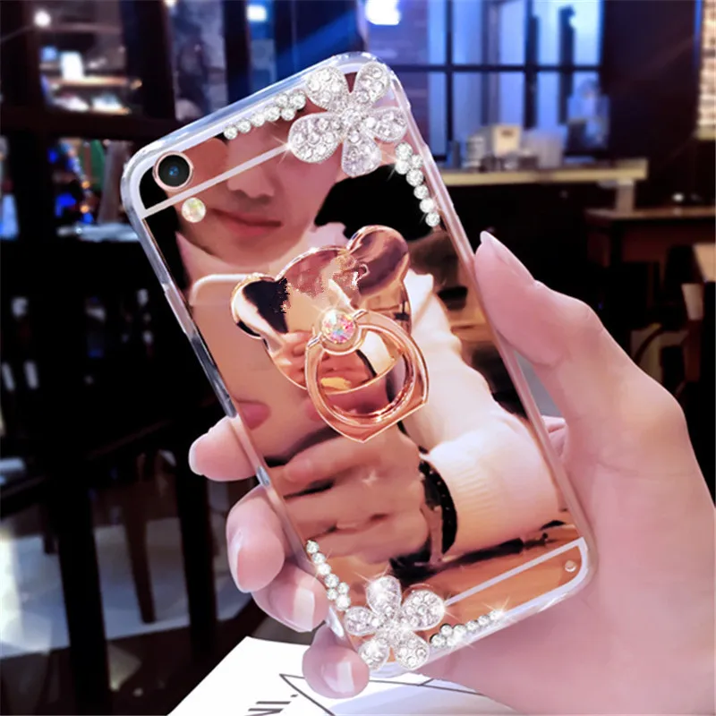 

For Samsung J3 J5 J7 2016 2017 Prime J4 J6 Crystal Rhinestone Flower Diamond Mirror Bear finger ring Phone case Soft Back cover