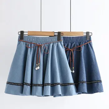

2019 Korean Style Denim Skirts Women Skirt Hight Waist Female Casual Lace Up Jean Skirt