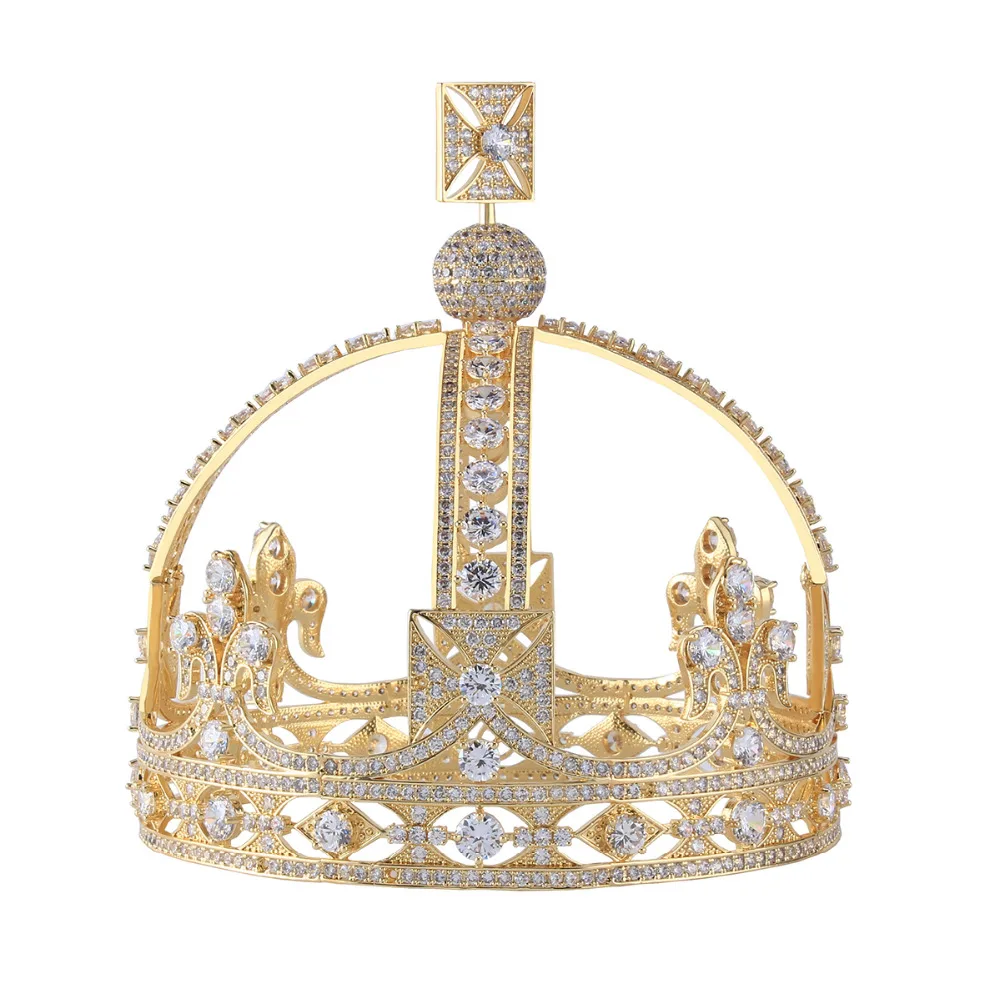 

5.2 inch Height Royal Vintage Crown Pure Gold Color AAA Cubic Zirconia Tiara Wedding Party Quinceanera Crowns GSHG001