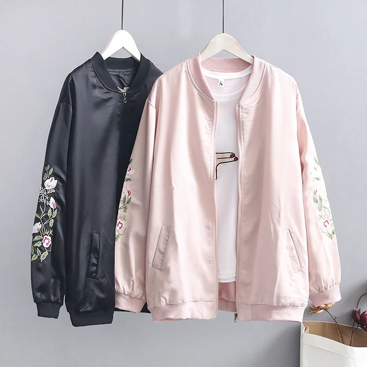 

Vintage Embroidery Basic Jacket Coat Autumn 2019 Street Satin Bomber Jacket Women Baseball Jackets Plus Size