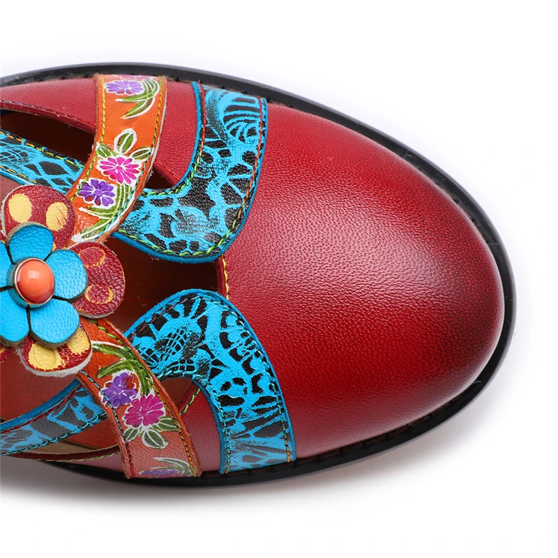 Flores Patchwork Bombas Mano Verano Hebilla Bohemio Decoración De Metal Red A Sexy Real Hecho Tacones Hueco Cuero 2019 Zapatos OpqRnnx