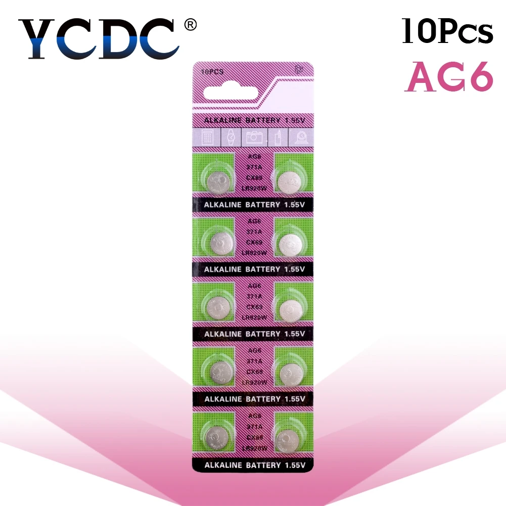 YCDC 10 шт. аккумулятор таблеточного типа AG6 AG12 AG8 AG9 AG10 AG11 1,5 V lr1130 акумуляторная батарея ворс ag6 pour montre