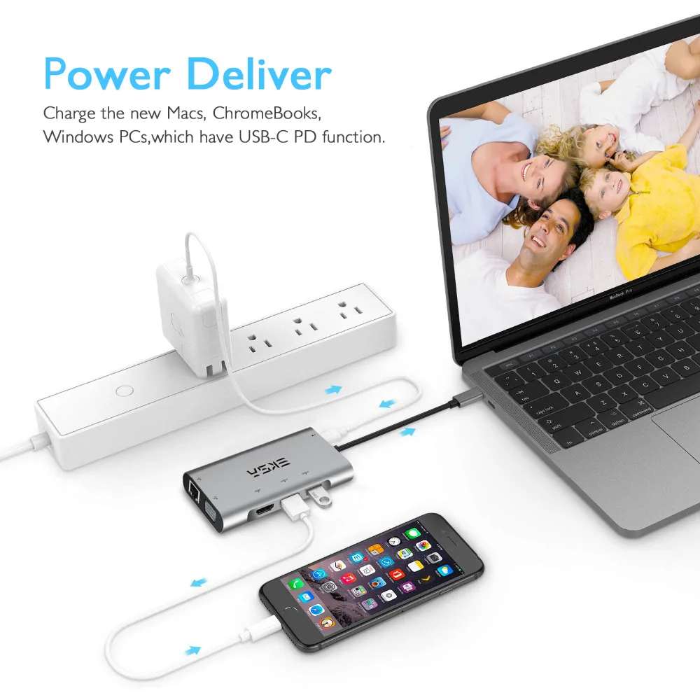 EKSA концентратор USB Type C к HDMI/RJ45 Gigabit Ethernet/VGA/кард-ридер/Thunderbolt 3 адаптер для Macbook huawei P20 Pro USB 3,0 концентратор