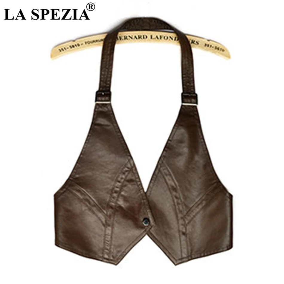 LA SPEZIA Women Red Vest Halterneck Genuine Leather Waistcoat Female Sheepskin OL Adjustable Ladies Spring Sleeveless Jackets