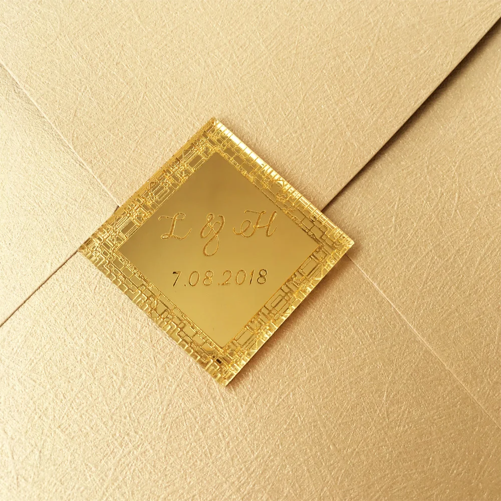  Personalised 150x150mm Square Shape Golden Mirror Acrylic Wedding Invitation Card Set 100 Sets Per  - 32828536279