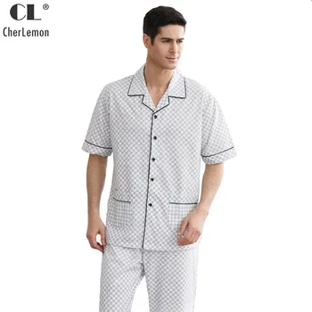 

CherLemon Cotton Classic Plaid Grey Men's Short Sleeve Button Up Pajamas New Summer Male Loungewear With Long Pants Plus Size