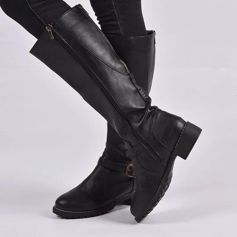 SLHJC; сезон осень-зима; кожаные сапоги для верховой езды на среднем каблуке; высокие сапоги до колена; женская обувь на квадратном каблуке в стиле ретро; большие размеры