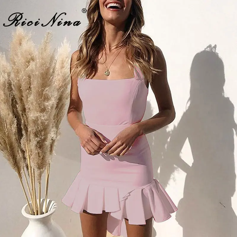 RICININA New Woman Dresses Women Slash Neck Backless Spaghetti Strap Ruffles Bodycon Mini Dress Ladies Sexy Party Beach Dress