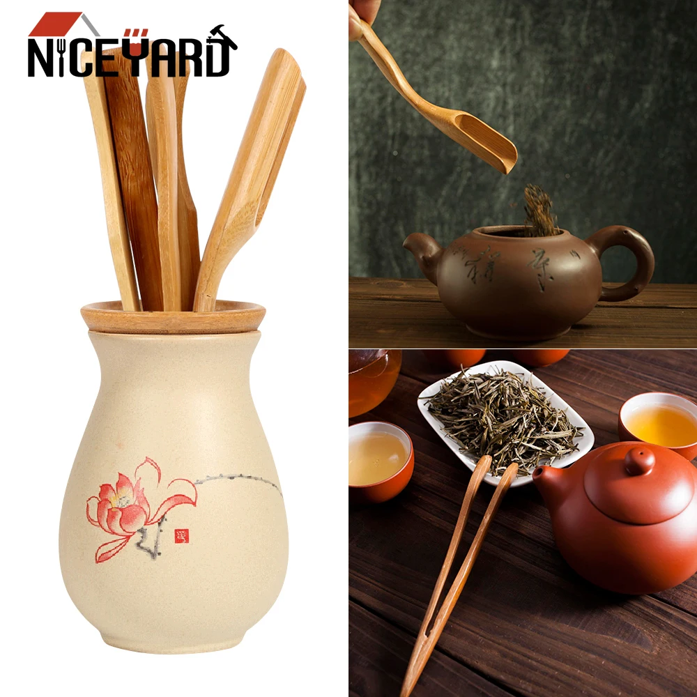 

NICEYARD Tea Ceremony Utensils Set 5 pieces/set Wooden Teaware Bamboo Teaspoons Needle Tweezer Clip Strainer Tong Tube Set