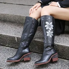 VALLU/ г., женские сапоги до колена винтажные женские сапоги ручной работы из натуральной кожи на высоком квадратном каблуке с боковой молнией