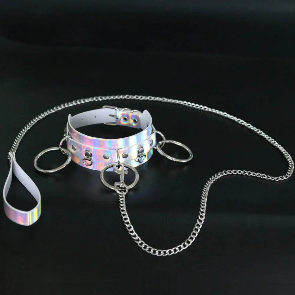 Сексуальное колье с 3 кольцами, с цепочками, рабыня, голографическая Лазерная Пастельная кожа, уплотнительное кольцо, колье, ошейник для связывания, БДСМ, Тяговая веревка