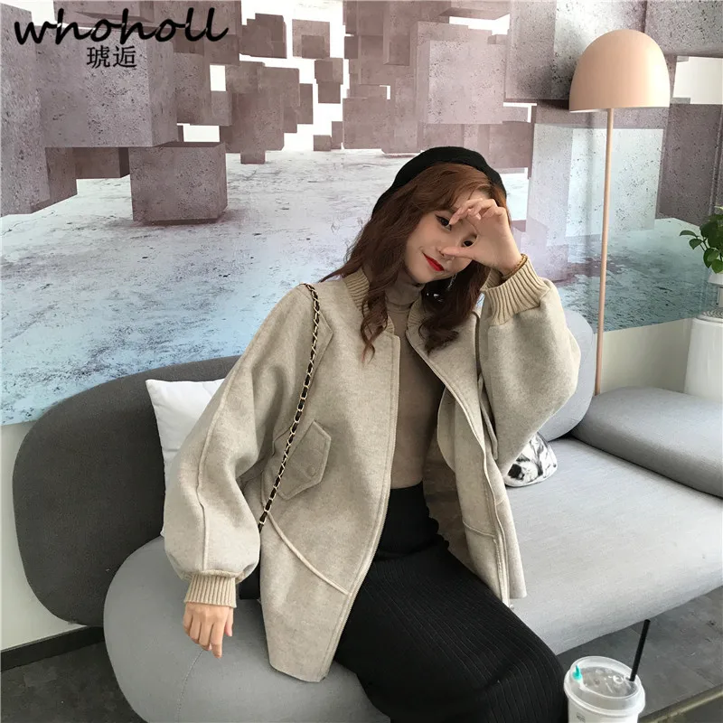 

WHOHOLL Women Winter Woolen Coats Warm 2018 Slim Fashion Casual Baseball Uniform Style Blends Womans Coat Jacket Ladies Coats