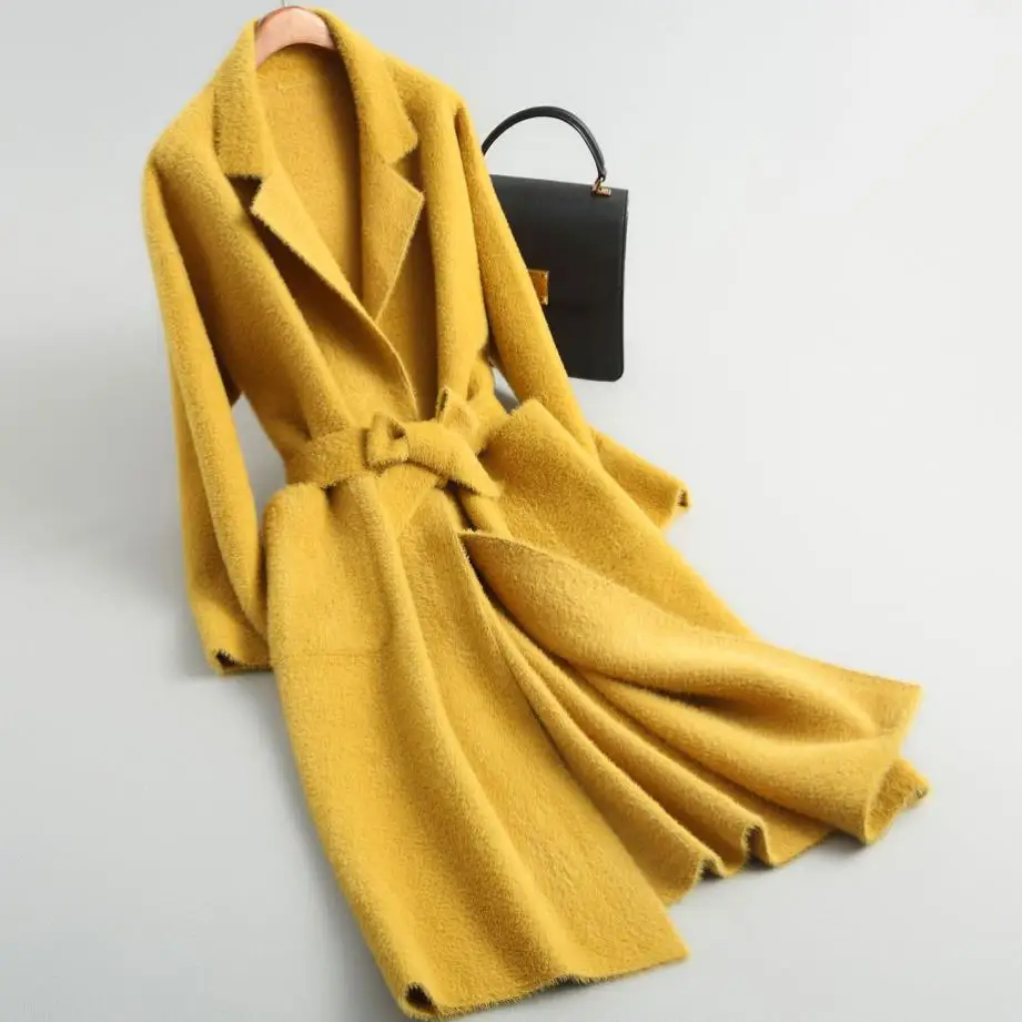 

Knitted Water velvet coat women autumn winter Slim long section warm turn down collar cardigan coat