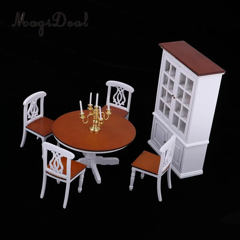 European Style 1/12 Wooden Table Chair Wine Cabinet Furniture for Dolls House Dining Room Decor Accessories