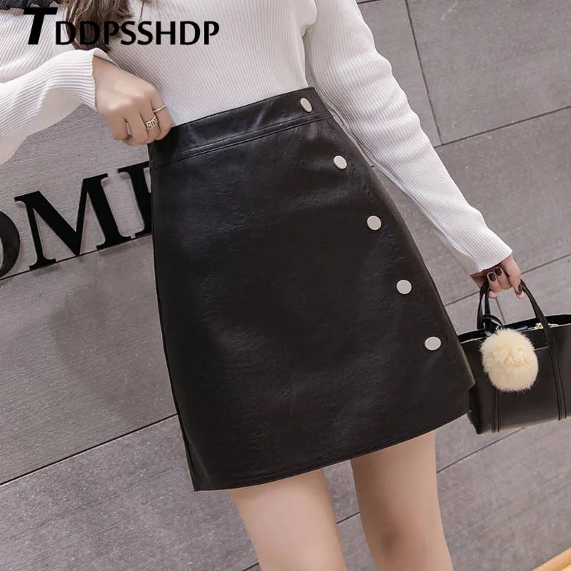 

Women Elegant Button Mini A-Line Skirt Spring PU Leather Female Skirts High Waist Skirt