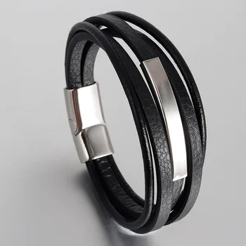Fashion Multilayer Genuine Leather Bracelet for Men Jewelry Stainless Steel Bangle Punk Braid Black Chain Magnetic