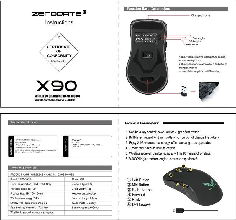 Беспроводная мышь перезаряжаемая USB 2,4 ГГц геймерская игровая компьютерная мышь оптическая зарядка Беспроводная 4000 dpi 6 КНОПКА ДЛЯ Macbook PC