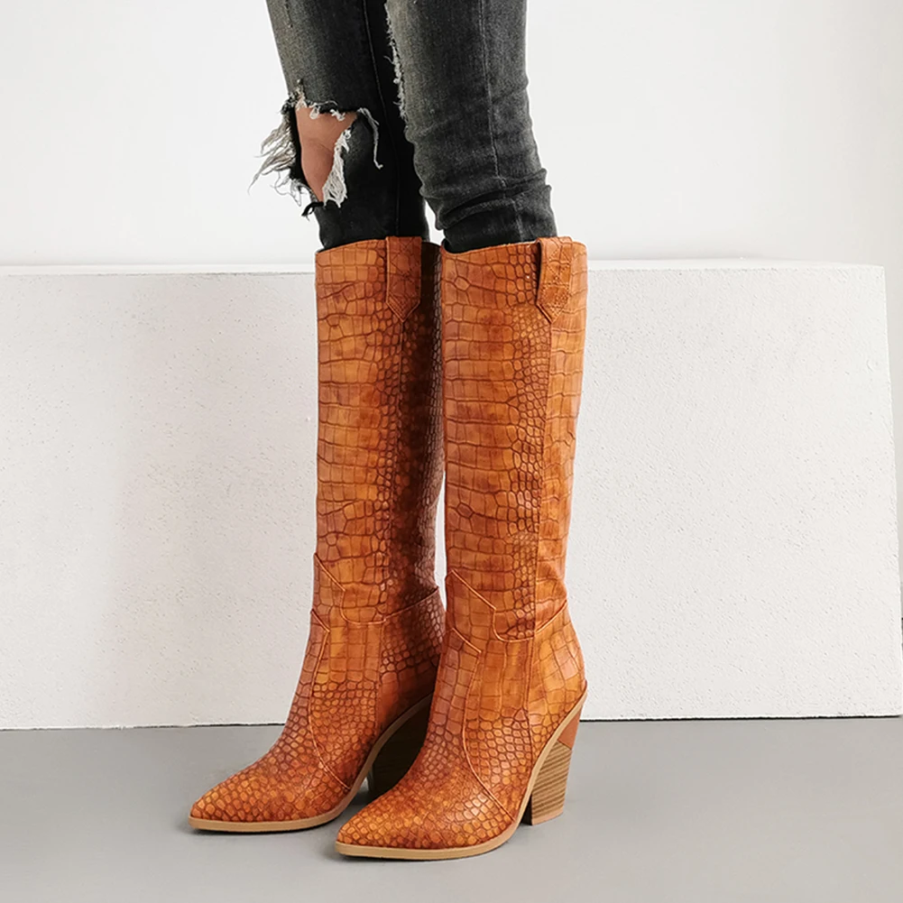 Botas/большие размеры 33-46; модные брендовые сапоги до колена на высоком квадратном каблуке в западном стиле; женская обувь; высокие сапоги; женская обувь