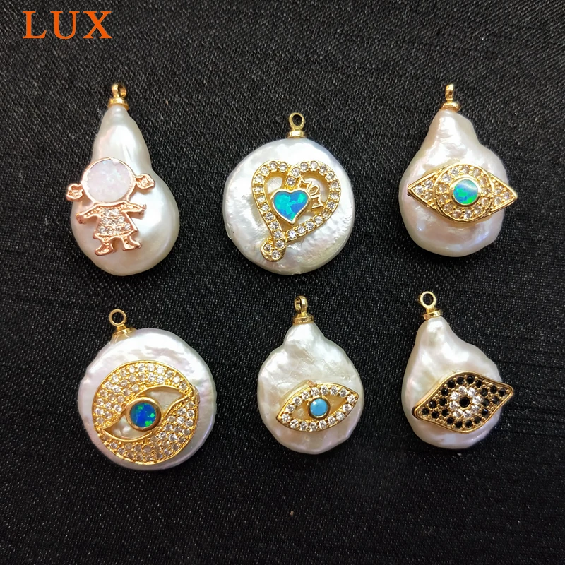 

LUX Natural White Pearl Charm micro Pave CZ evil eye little girl Pearls Pendants Gems stone Boho Jewelry DIY Making