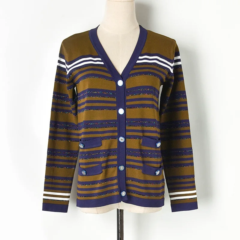 

Designer Runway Women 2019 Striped Autumn Sweater V-nek Coats Cardigan Knitted Single-breasted Coat Vintage High Street Outwear