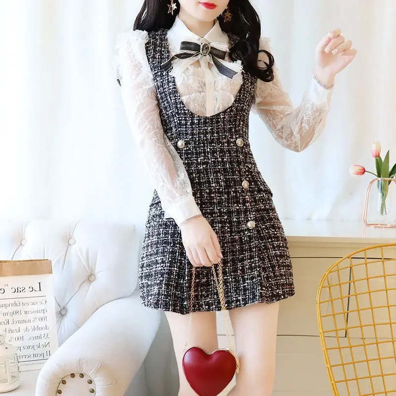 

CBAFU runway 2 piece set dress women ruffles bow shirt lace blouse tops plaid sleeveless tweed vest dress double breasted D243