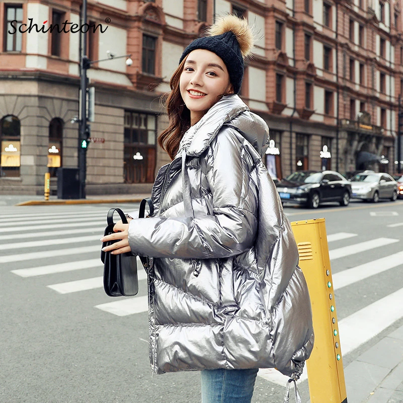 2018 Corea chaqueta con capucha Invierno Caliente ropa suelta moda Shinny brillante oro plata de plumón| - AliExpress