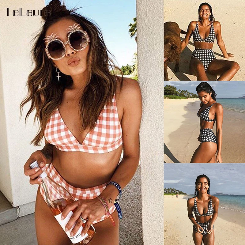 2018 Sexy High Waist Bikini Swimwear Women Swimsuit Plaid Biquini Vintage Bathing Suit Padded Bikinis Women Summer Beach Wear цена 2018 Sexy High Waist Bikini Swimwear Women Swimsuit Plaid Biquini Vintage Bathing Suit Padded Bikinis Women Summer Beach Wear цены онлайн