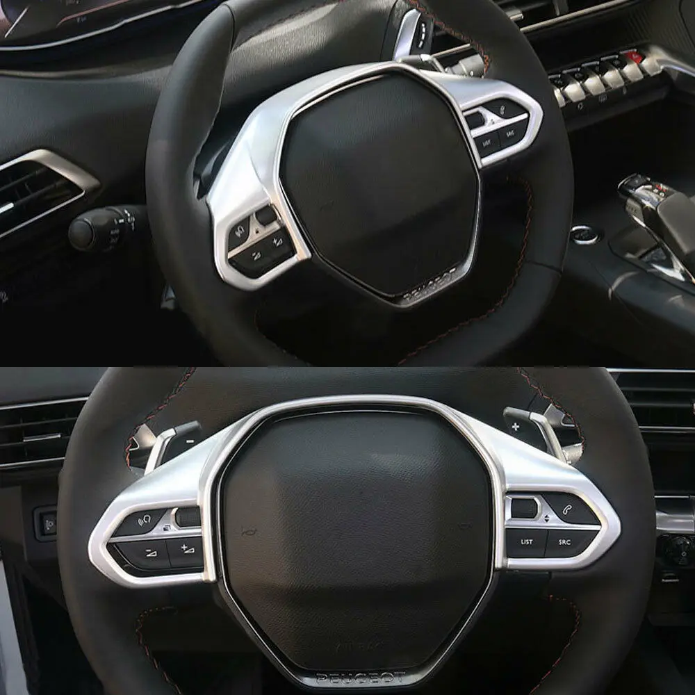 Cromo mate ABS coche Interior de la cubierta de la rueda del volante del ajuste para Peugeot 3008 GT 5008, 2017-2018, Interior del coche piezas Cromo mate ABS coche Interior de la cubierta de la rueda del volante del ajuste para Peugeot 3008 GT 5008, 2017-2018, Interior del coche piezas