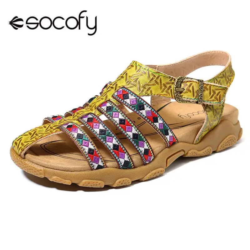 

SOCOFY Comfortable Sandals Genuine Leather Splicing Bohemia Jacquard Buckle Strap Fisherman Sandals Women Shoes Summer
