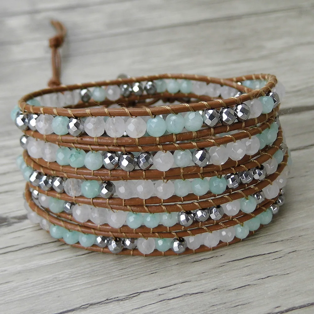 

boho bead bracelet Aqua bead wrap bracelet Gypsy leather wraps bead bracelet yoga jewelry bohemian