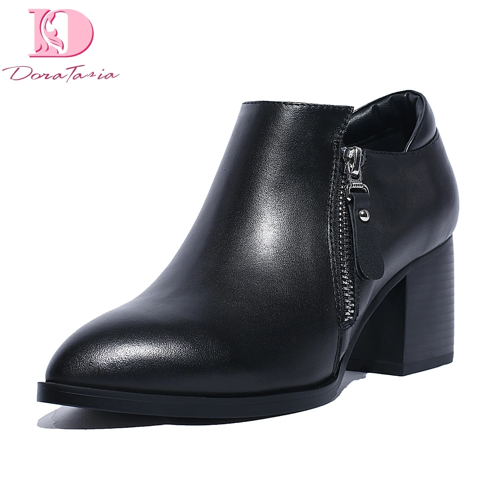 

Doratasia Brand Design Square Heels Genuine Cow Leather Boots Women Shoes Zipper Pointed Toe Elegant Shoes Ankle Boots