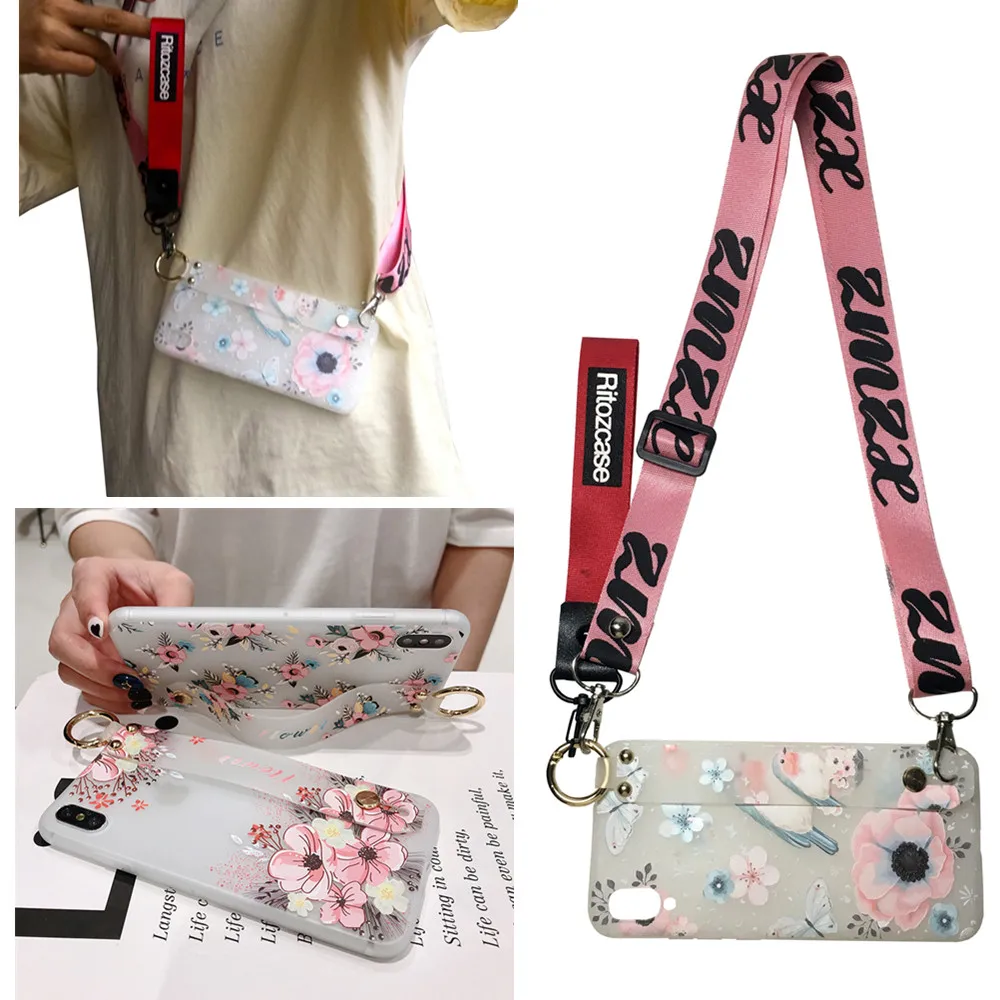 

strap tpu case for iphone 11 pro max 7 8 6 6s plus X XR XS MAX case cover flower bird wristband holder soft transparent phone ba