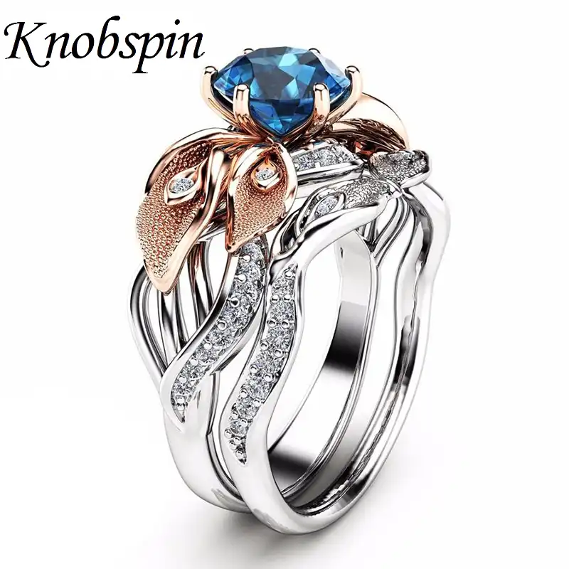 Trendy Ladies Leaves Engagement Rings Set Blue Zircon Anniversary