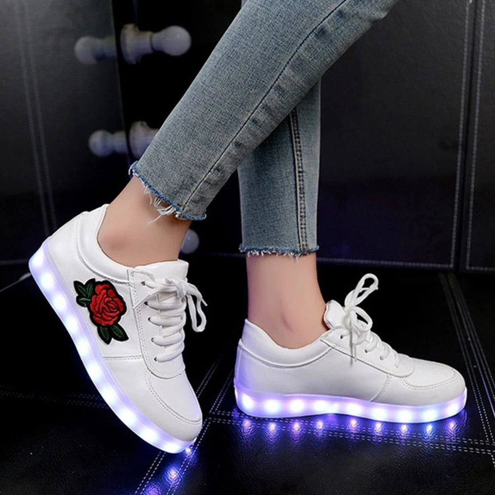 

LED Rose Shoes Fashion Rose Embroidery Pattern Sole Lighting USB Charging Comfortable Sneakers Shoes (38,matte silver)