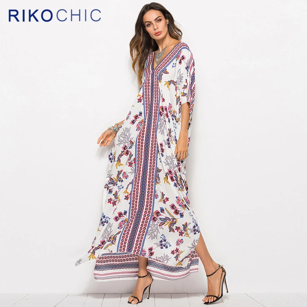 RIKOCHIC Половина рукава Красный тропическим принтом Винтаж длинные Макси платья Boho