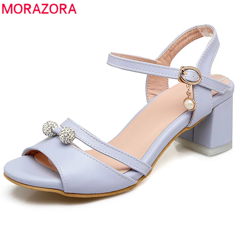 

MORAZORA 2018 new arrive women sandals simple buckle summer big size 33-43 sweet pink wathet comfortable med heels shoes woman