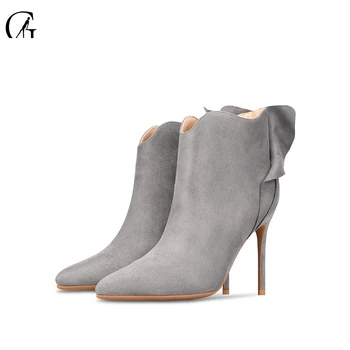 

GOXEOU Women's Short Boots Flock 4 Colors Pointed Toe Wavy Fold Thin Heels Party Office Fashion Ladies Shoes Size Size 32-46