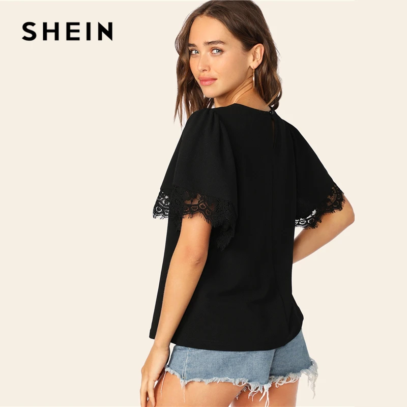 SHEIN Однотонный Топ С Оригинальным Рукавом И Кружевной Отделкой Женская Летняя Элегантная Блузка С Короткими Рукавами