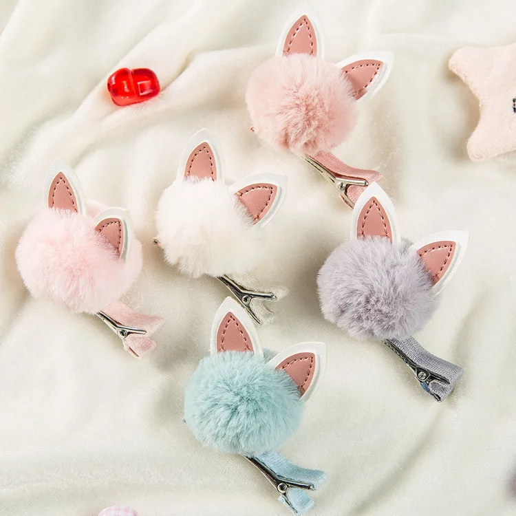 

Boutique 20pcs Fashion Cute Fur Pom Pom Hairpins Solid Kawaii Leather Rabbit Ears Hair Bow Hair Clips Headwear Accessories