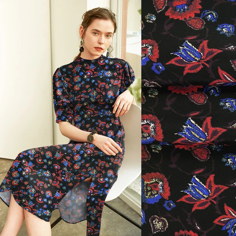 

(50 cm/lot) printed heavy crepe de chine silk fabric for sewing 28 mm black tone stretch fabrics quilting for patchwork cloth