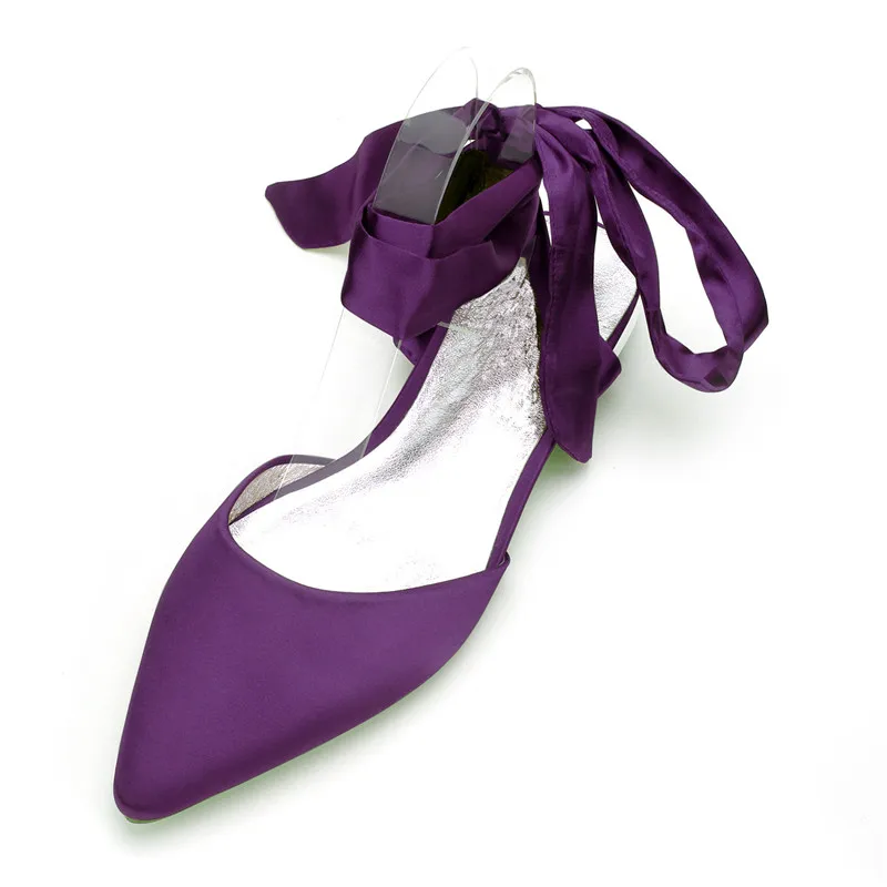 OnnPnnQ/Удобная плоский атласный женская обувь с острым носком и ленточным ремешком; обувь для выпускного вечера; обувь для торжественных случаев; свадебные вечерние туфли на плоской подошве - Цвет: Purple