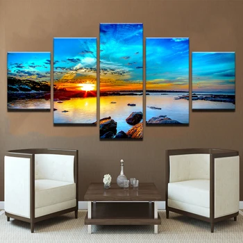 

Framework Modular Pictures Vintage Home Decor 5 Panel Sunrise Seaview Paintings On Canvas Posters And Prints On The Wall