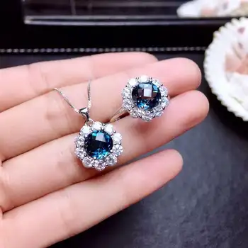 

Natural blue topaz Ring Pendant Natural gemstone Jewelry Set 925 Silver fashion round Sun flower Women party gift fine jewelry
