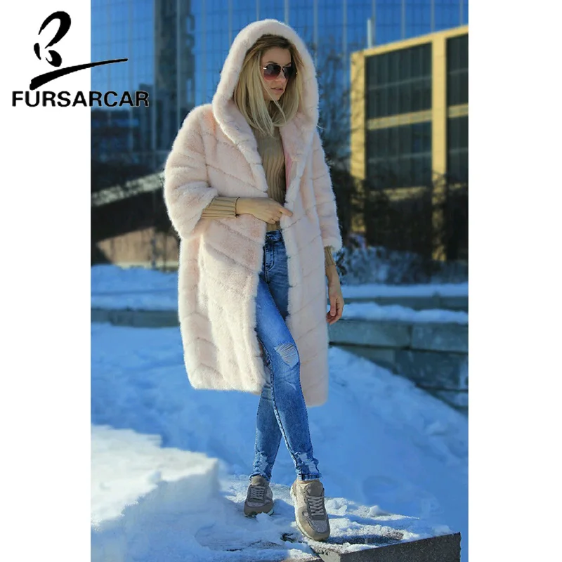 

FURSARCAR 2018 New Real Rex Rabbit Fur Coat Women Winter Fashion Warm Jacket With Fur Hood Luxury Style Rex Rabbit Fur Coat