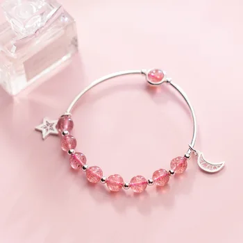 

MloveAcc Genuine 100% 925 Real Sterling Silver Elastic Strawberry Crystal Beaded Bracelets with Moon and Star Charm for Women